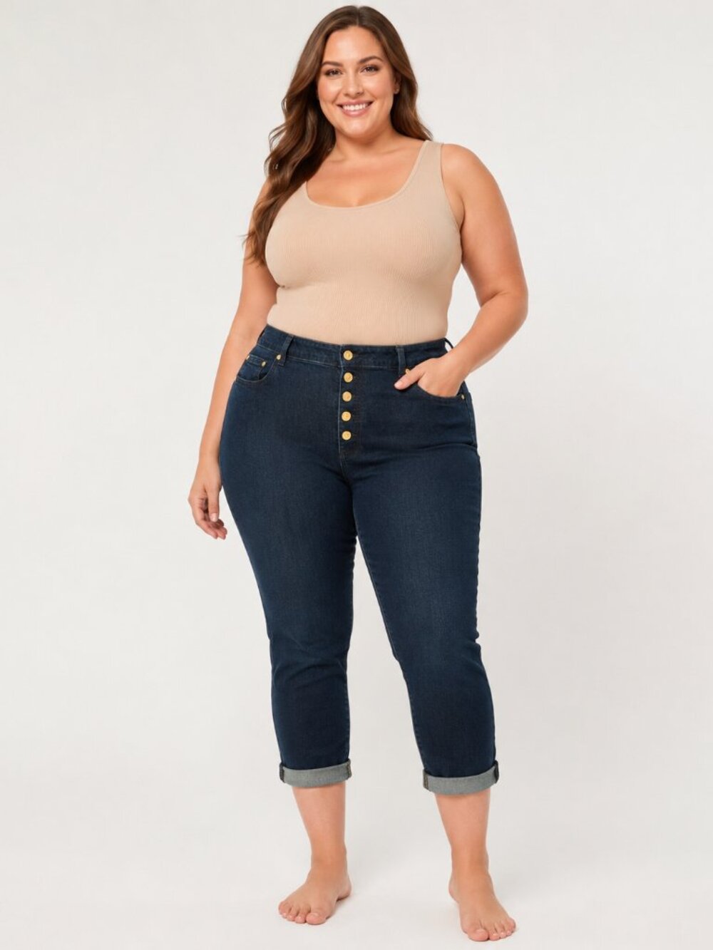 Michael Kors Women’s Plus Dark Wash Cropped Capri Jeans Gold Button Fly Stretch